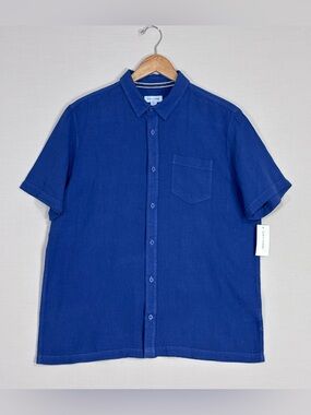 Sun Stone Linen Blend Button Shirt Blue Short Sleeve Pocket Mens Large